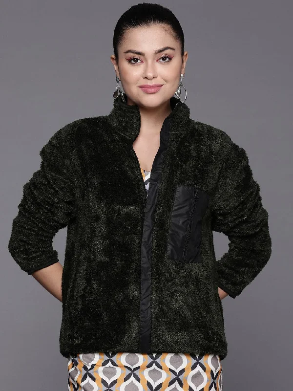 Custom Jackets For Team Building-Women Olive Contrast Patch Detail Faux Fur Jacket