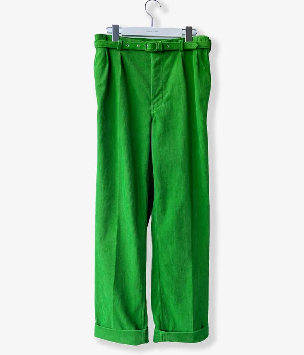 Personalized Pants For Running Teams-FUMIKA_UCHIDA/CORDUROY BELTED 2-TUCK SLACKS(GREEN)