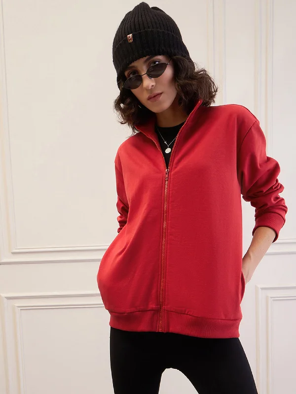 Custom Jackets For Group Orders-Women Red Fleece Front Zipper Jacket