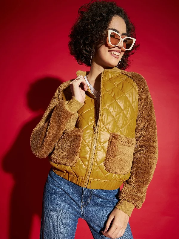 Custom Jackets For Winter Hiking-Women Mustard Faux Fur Detail Bomber Jacket