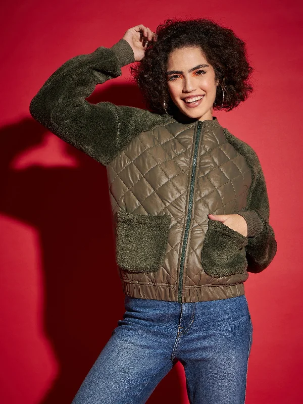 Personalized Jackets For Rainy Seasons-Women Olive Faux Fur Detail Bomber Jacket