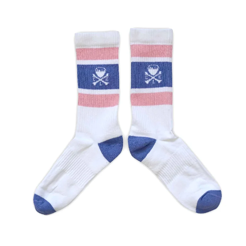 Custom Socks For Outdoor Adventures-CLE Logo - Striped Crew Socks - Purple/Pink