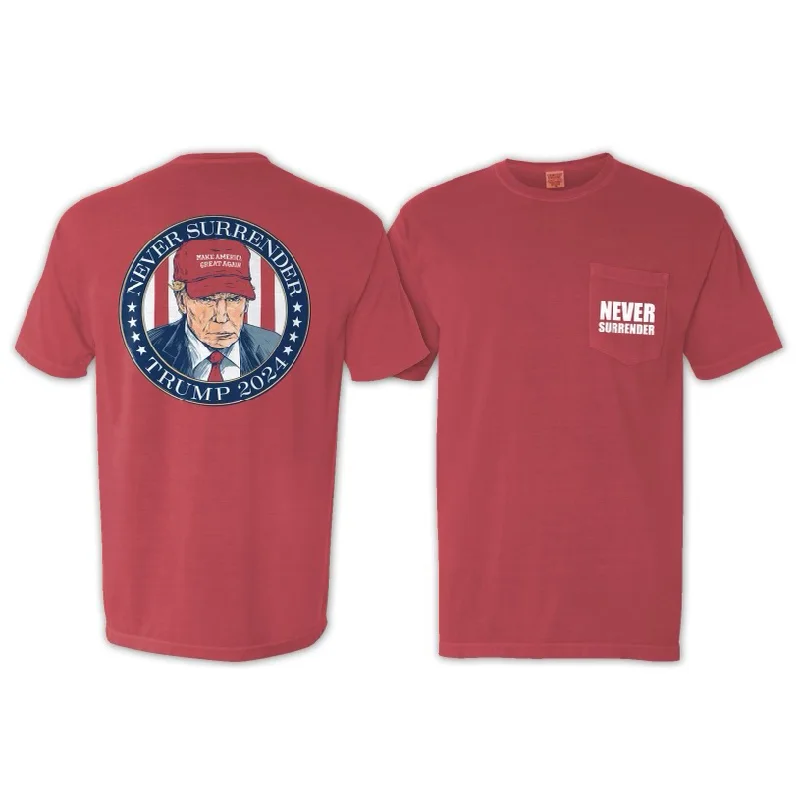 Personalized T-Shirt For Team Events-Never Surrender Trump 2024 Pocket Tee