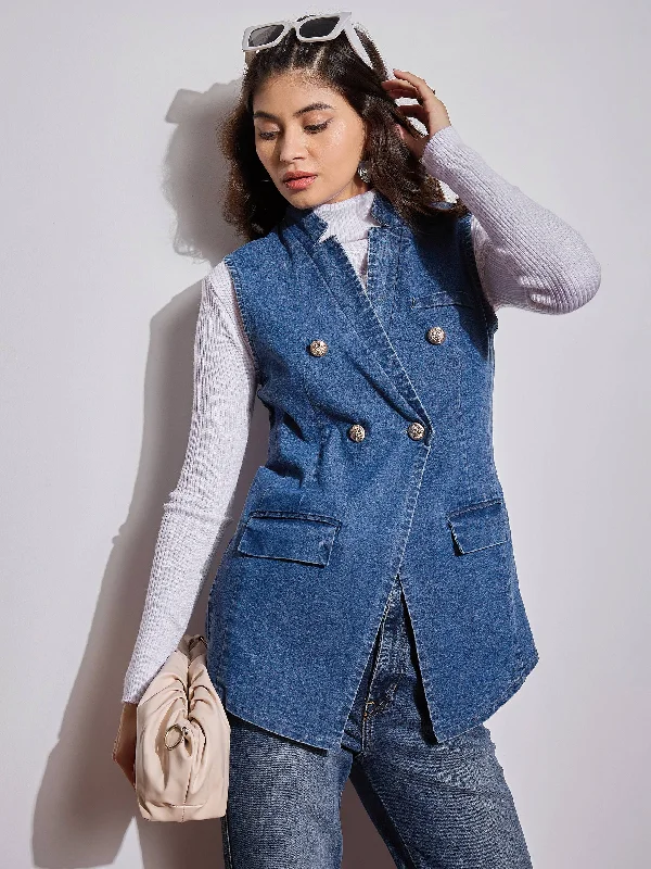 Custom Jackets For Group Activities-Women Blue Denim Flap Pocket Sleeveless Jacket