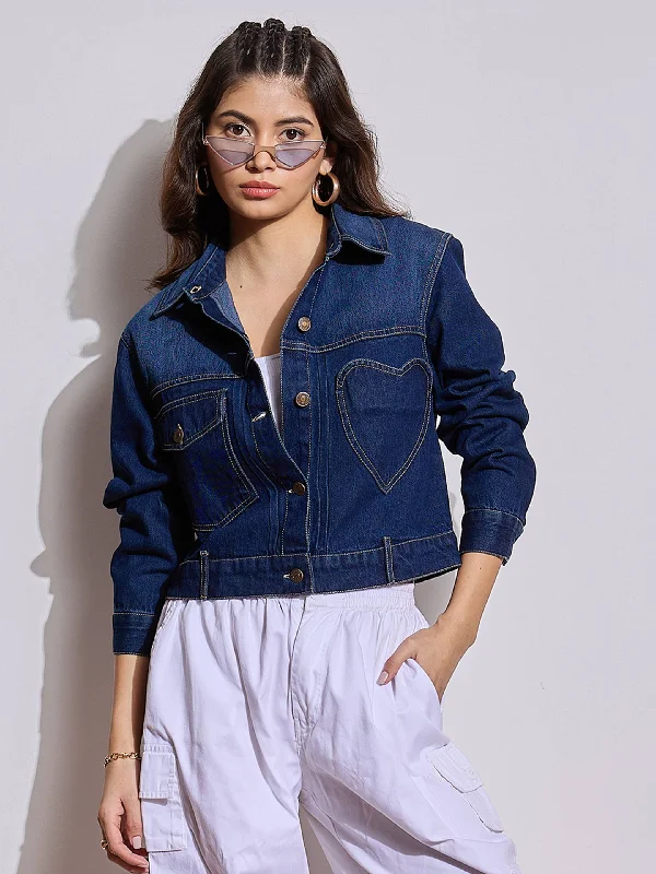 Personalized Jackets For Active Lifestyle-Women Blue Denim Heart Pockets Crop Jacket