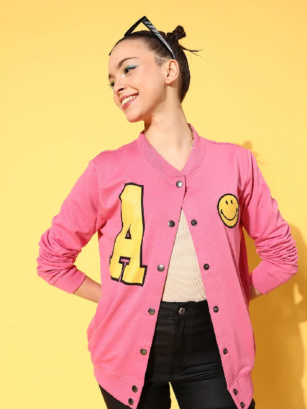 Custom Jackets For Men-Women Pink Terry Smiley Patch Printed Varsity Jacket