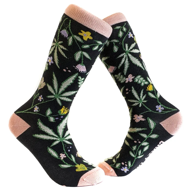 Custom Socks For Tailgating-Women Flowers And Weed Socks