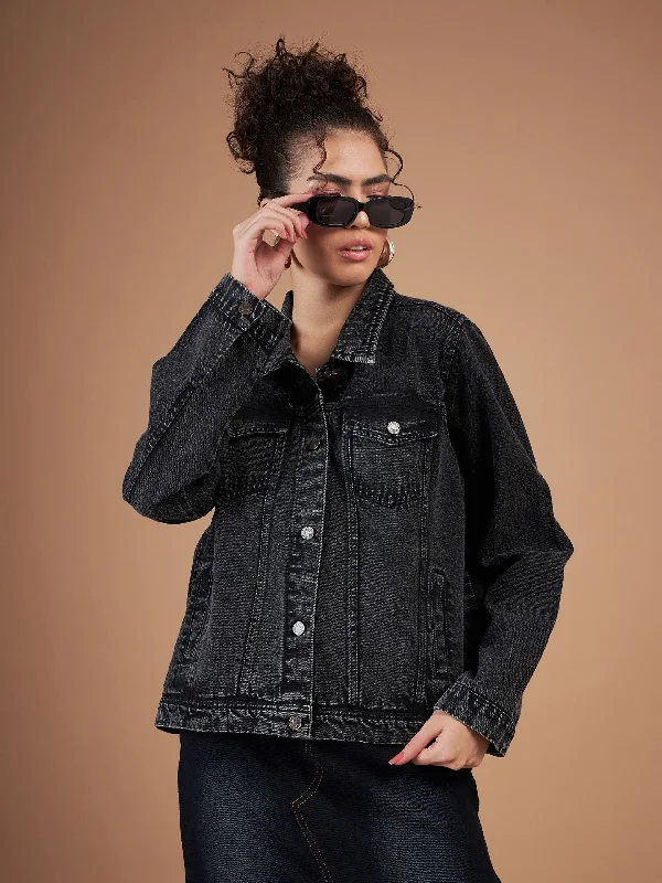 Custom Jackets For Fun Group Activities-Women Black Washed Denim Regular Jacket