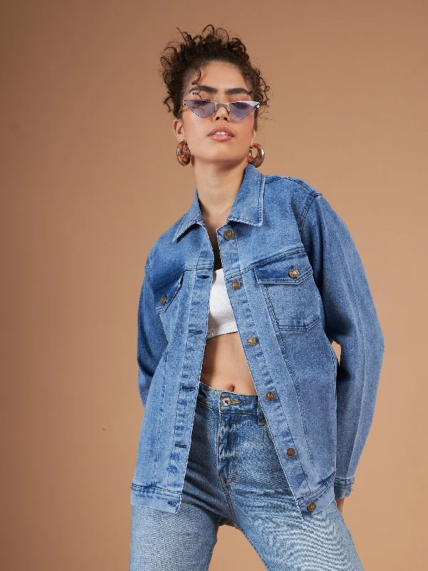 Personalized Jackets For Outdoor Gatherings-Women Ice Blue Washed Denim Oversized Jacket