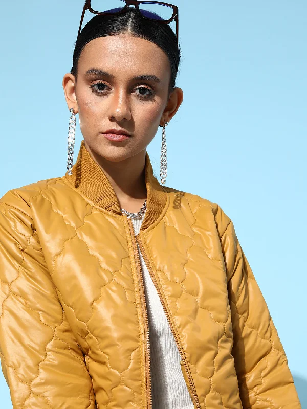 Custom Track Jackets-Women Mustard Front Pockets Puffer Bomber Jacket