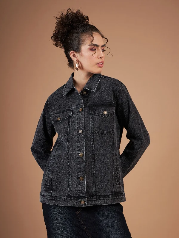 Custom Jackets For Fun Outings-Women Black Washed Denim Oversized Jacket