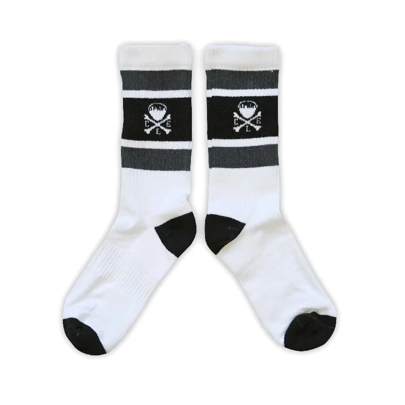 Personalized Socks For Marathon Runners-CLE Logo - Striped Crew Socks - Black/Grey