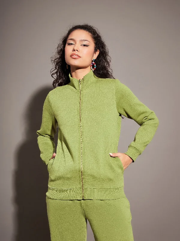 Personalized Jackets For Winter Outings-Women Olive Fleece Zipper Jacket