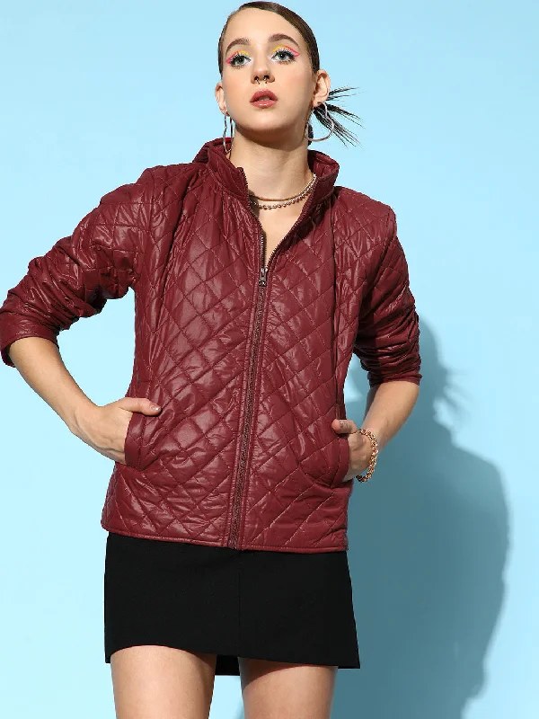 Personalized Jackets For Road Trips-Women Burgundy Quilted Hooded Puffer Jacket