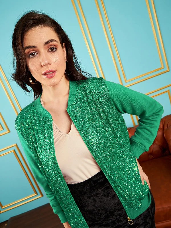 Custom Puffer Jackets For Women-Women Green Sequin Jacket