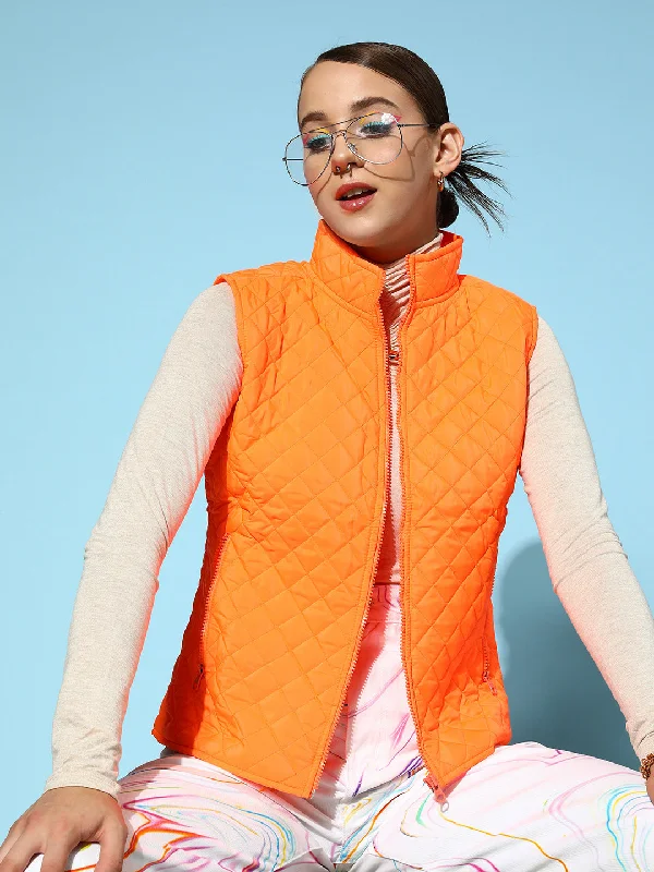 Custom Jackets For Active Wear-Women Neon Orange Sleeveless Quilted Puffer Jacket