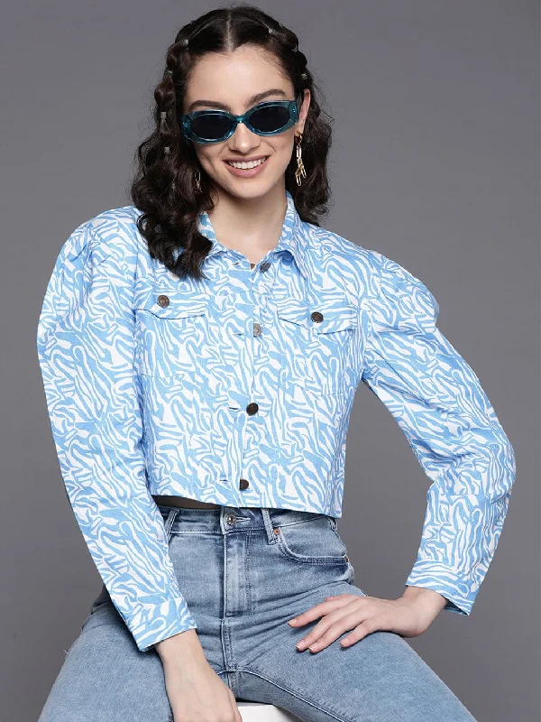 Personalized Jackets For Cold Weather-Women Blue Abstract Print Twill Crop Jacket