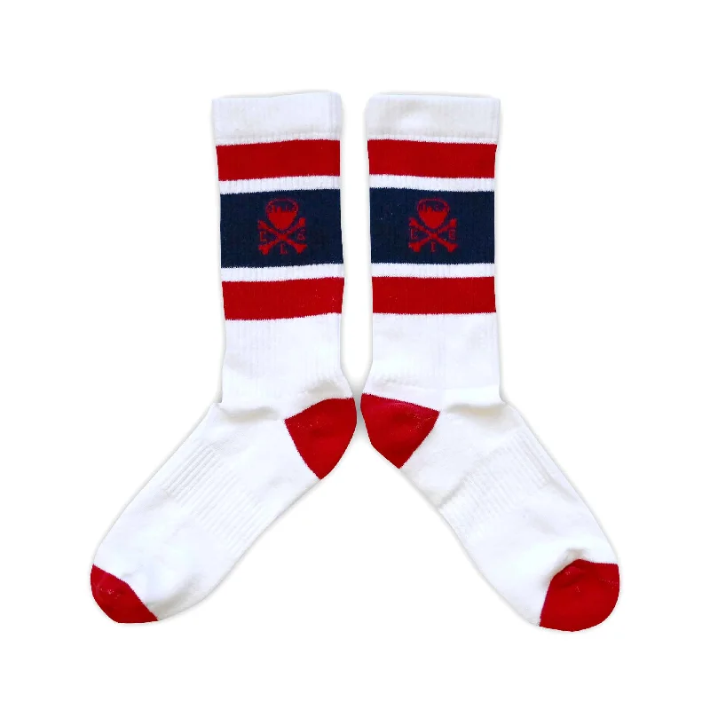 Custom Socks For Travel Comfort-CLE Logo - Striped Crew Socks - Navy/Red