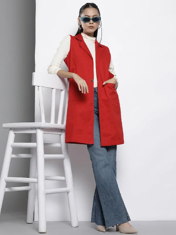 Custom Jackets For Men’s Outdoor Gear-Women Red Twill Longline Sleeveless Jacket