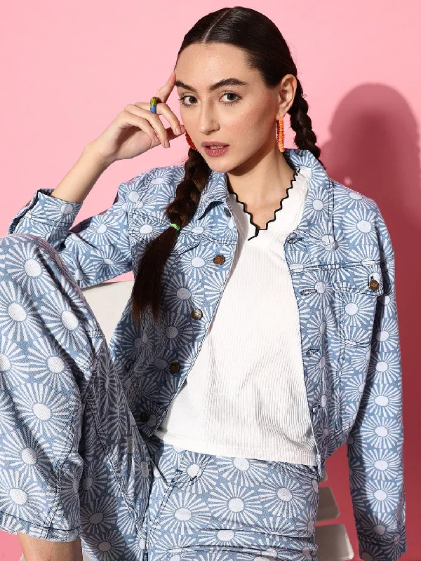 Custom Parkas And Jackets-Women Blue Floral Print Denim Jacket