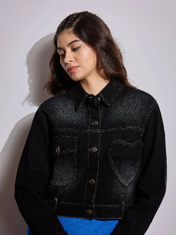 Custom Jackets For Fall Fashion-Women Black Denim Heart Pockets Crop Jacket