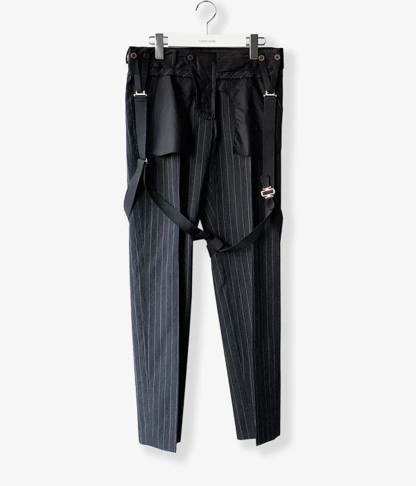 Custom Pants For Outdoor Adventures-FUMIKA_UCHIDA/STRIPES HARNESS TURN OVER SLACKS(CHARCOALBLACK)