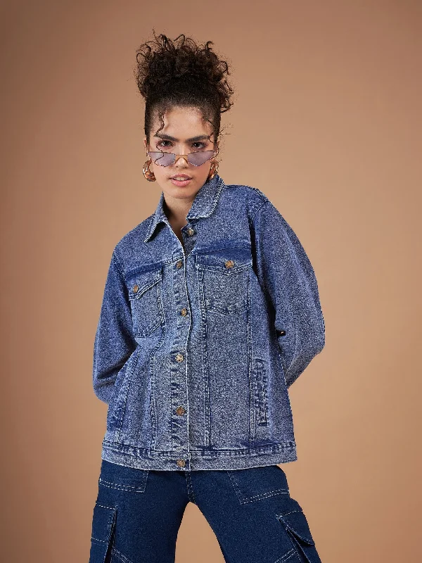 Personalized Jackets For Large Groups-Women Navy Washed Denim Oversized Jacket