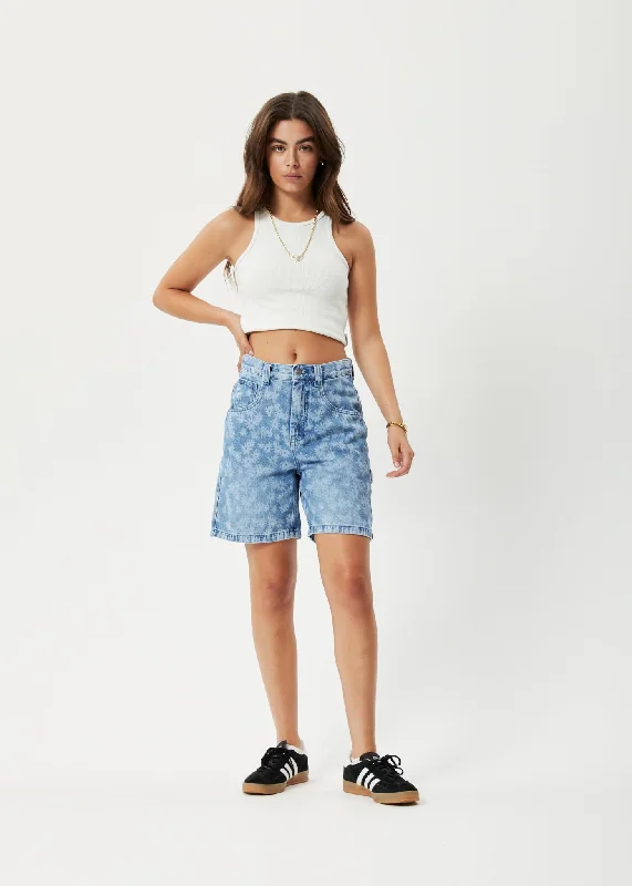 Custom Designed Shorts For Holidays-AFENDS Womens Fink Emilie - Denim Carpenter Shorts - Worn Blue Daisy