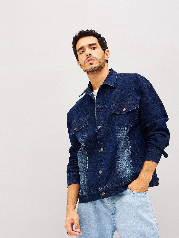 Custom Jackets For Rainy Days-Men Navy Washed Relax Fit Denim Jacket