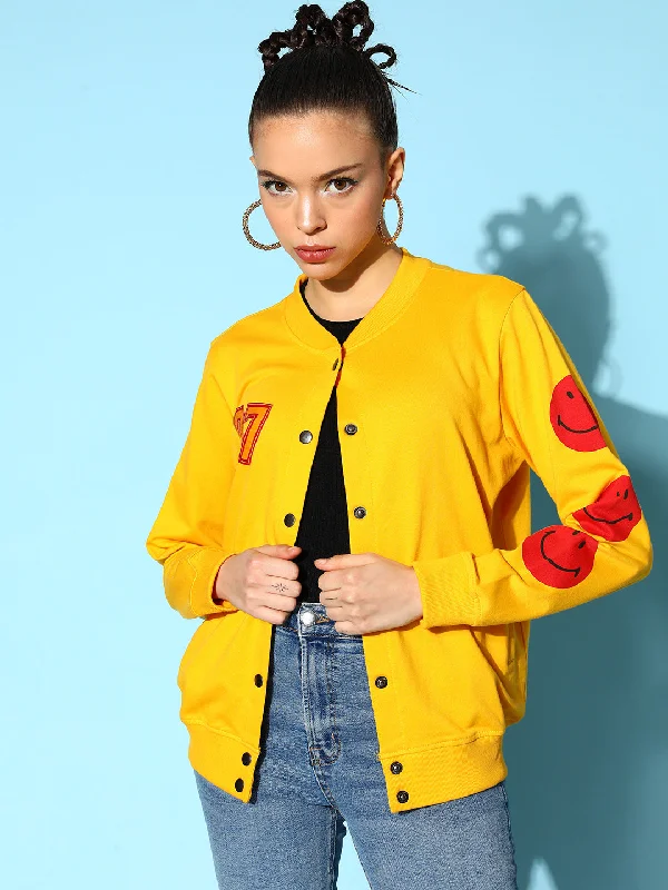 Custom Jackets For Outdoor Exploration-Women Yellow Terry 07 Embroidered Varsity Jacket