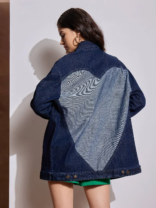 Custom Outdoor Jackets For Winter-Women Navy Blue Denim Back Heart Patch Shacket