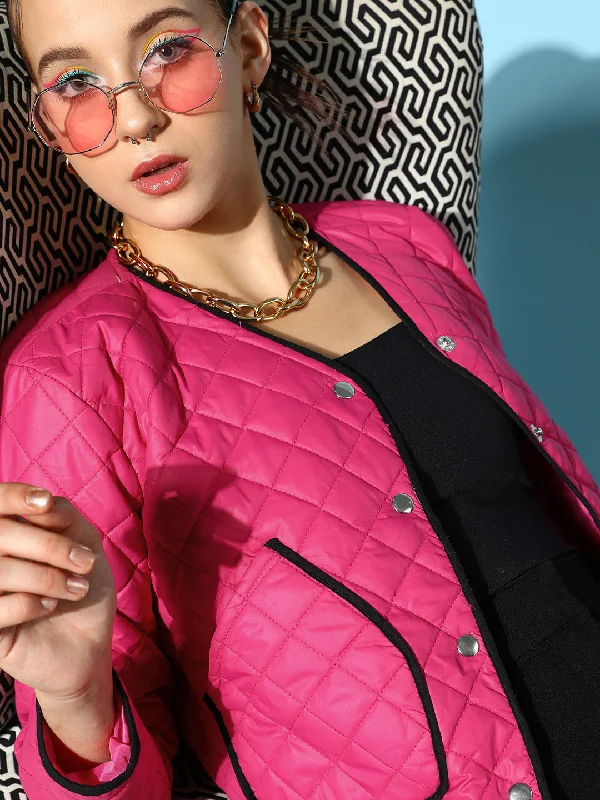 Personalized Zip-up Jackets-Women Fuchsia Piping Detail Quilted Jacket