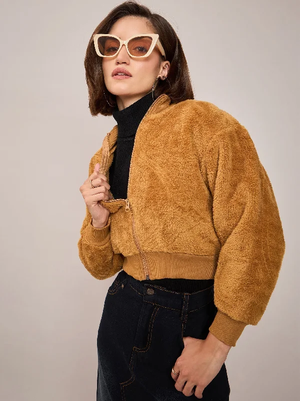 Custom Jackets For Night Out-Women Brown Fur High Neck Crop Bomber Jacket