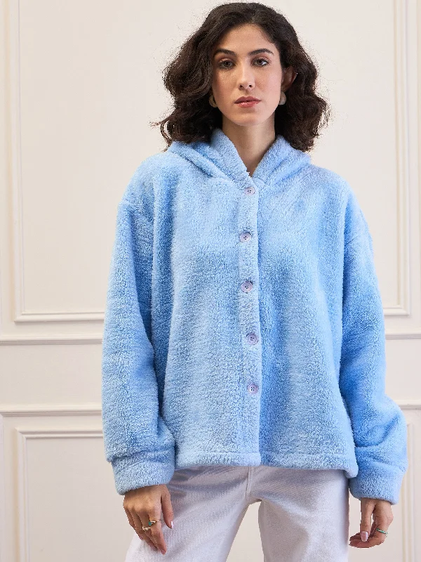 Personalized Jackets For Winter Holidays-Women Blue Fur Button Placket Hooded Jacket