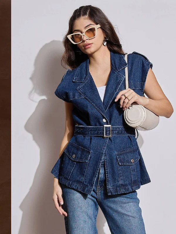 Personalized Jackets For Fashion Accessories-Women Blue Washed Pocket Detail Sleeveless Belted Jacket