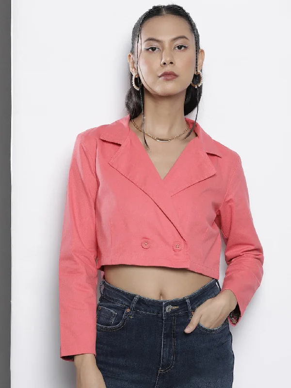 Personalized Jackets For Travel-Women Pink Twill Crop Blazer