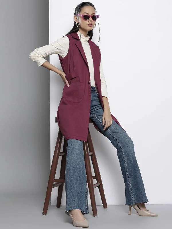 Custom Jackets For Fashion Lovers-Women Burgundy Twill Longline Sleeveless Jacket