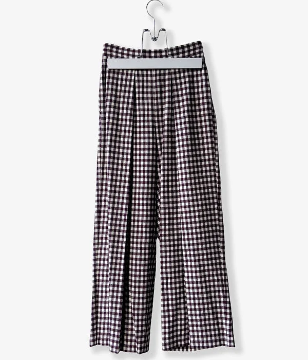 Custom Pants For Daily Wear-PHEENY/COTTON RAYON CHECK FLANNEL GATHERED PANTS(BURGUNDY)