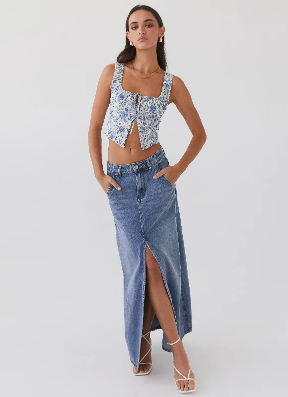 Personalized Shorts For Outdoor Competitions-Walk This Way Denim Maxi Skirt - Blue