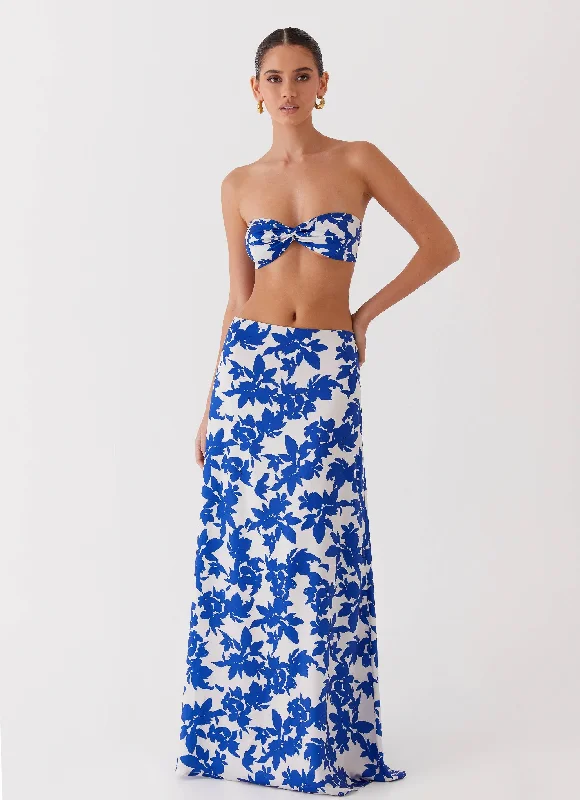 Custom Printed Shorts For Athletes-Sky Gaze Low Rise Maxi Skirt - Blue Floral