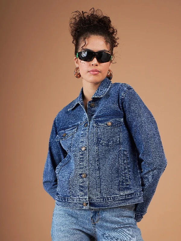 Custom Hooded Jackets For Fall-Women Navy Washed Denim Regular Jacket