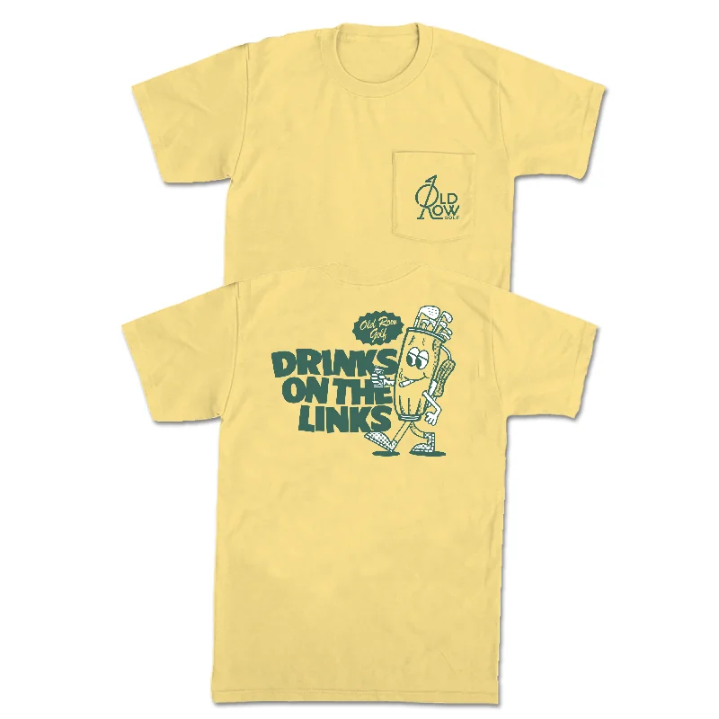 T-Shirt With Custom Slogan-Drinks On The Links Golf Bag Pocket Tee