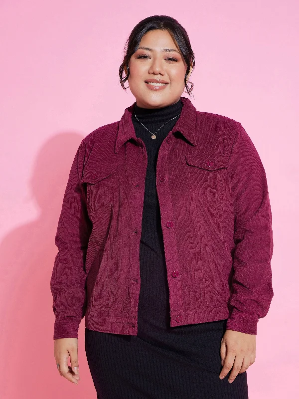 Custom Jackets For Special Holidays-Women Burgundy Corduroy Button Jacket