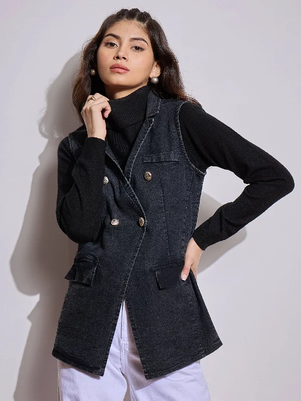 Custom Jackets For Couples’ Outfits-Women Black Denim Flap Pocket Sleeveless Jacket