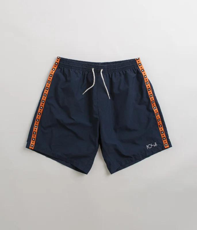 Personalized Running Shorts-Polar Square Stripe Swim Shorts - Navy / Orange