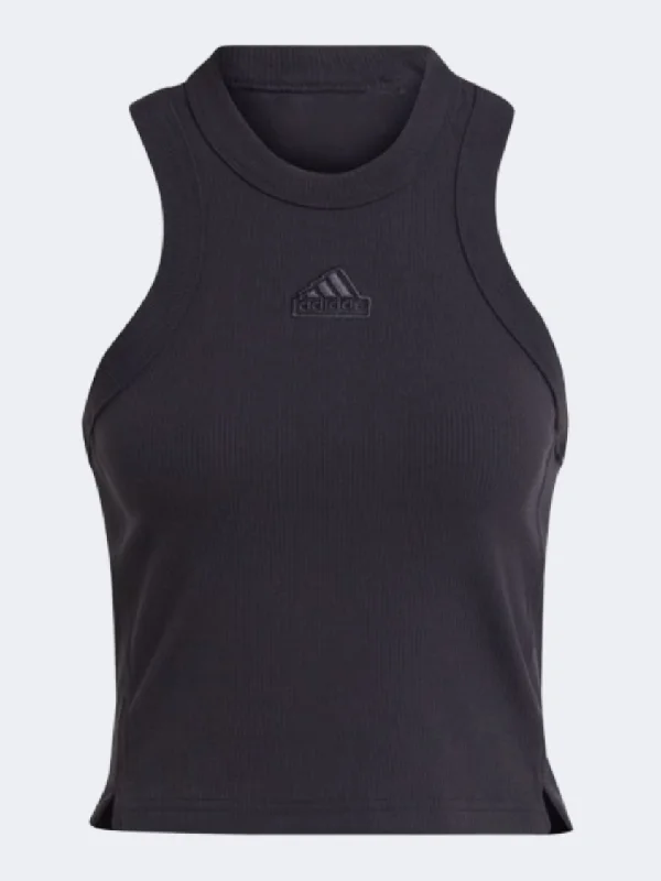 Custom Tank Tops For Music Festivals-Adidas Lounge Ribbed Women Sportswear Tank Black