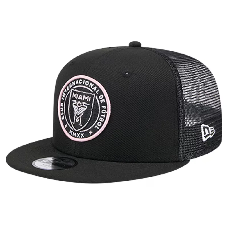 Custom Hats For Customized Embroidery-New Era Youth Inter Miami CF Trucker 9FIFTY Snapback Hat - Black