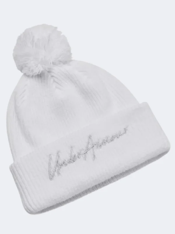 Custom Hats For Sun Protection-Under Armour Halftime Pom Girls Training Beanie White/Halo Grey