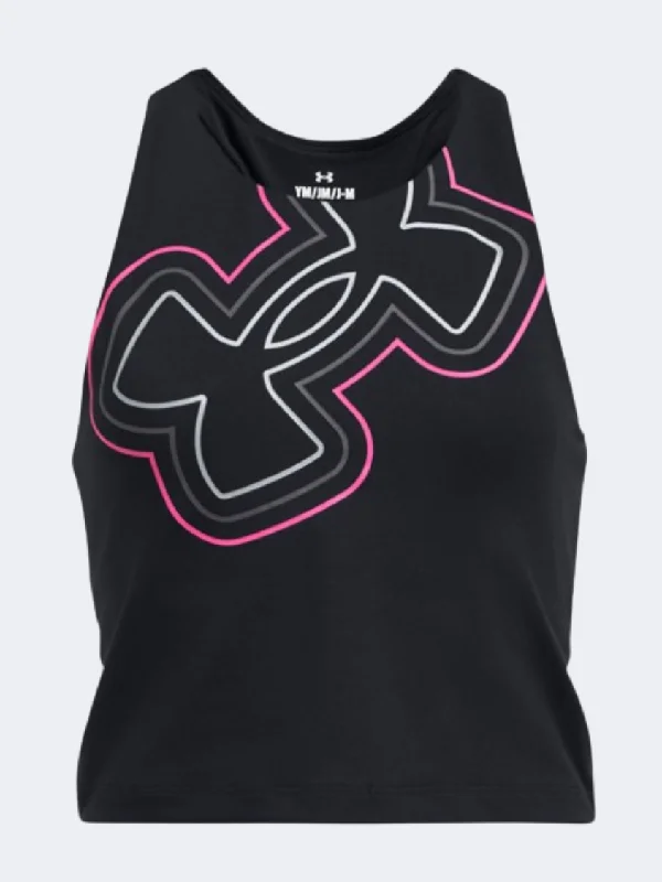 Personalized Tank Tops For Running Events-Under Armour Motion Branded Girls Training Tank Black/Pink